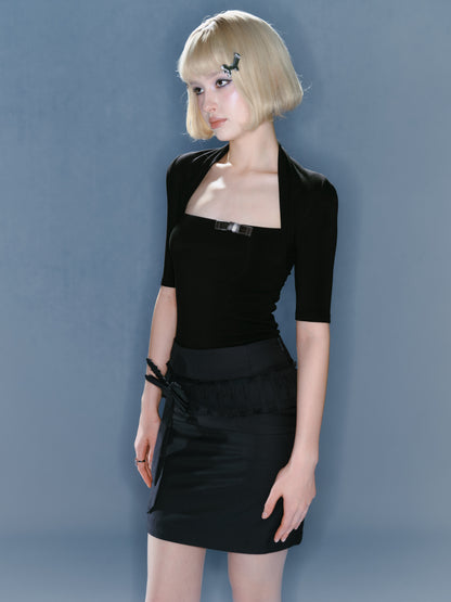 Black Ribbon Knit Top
